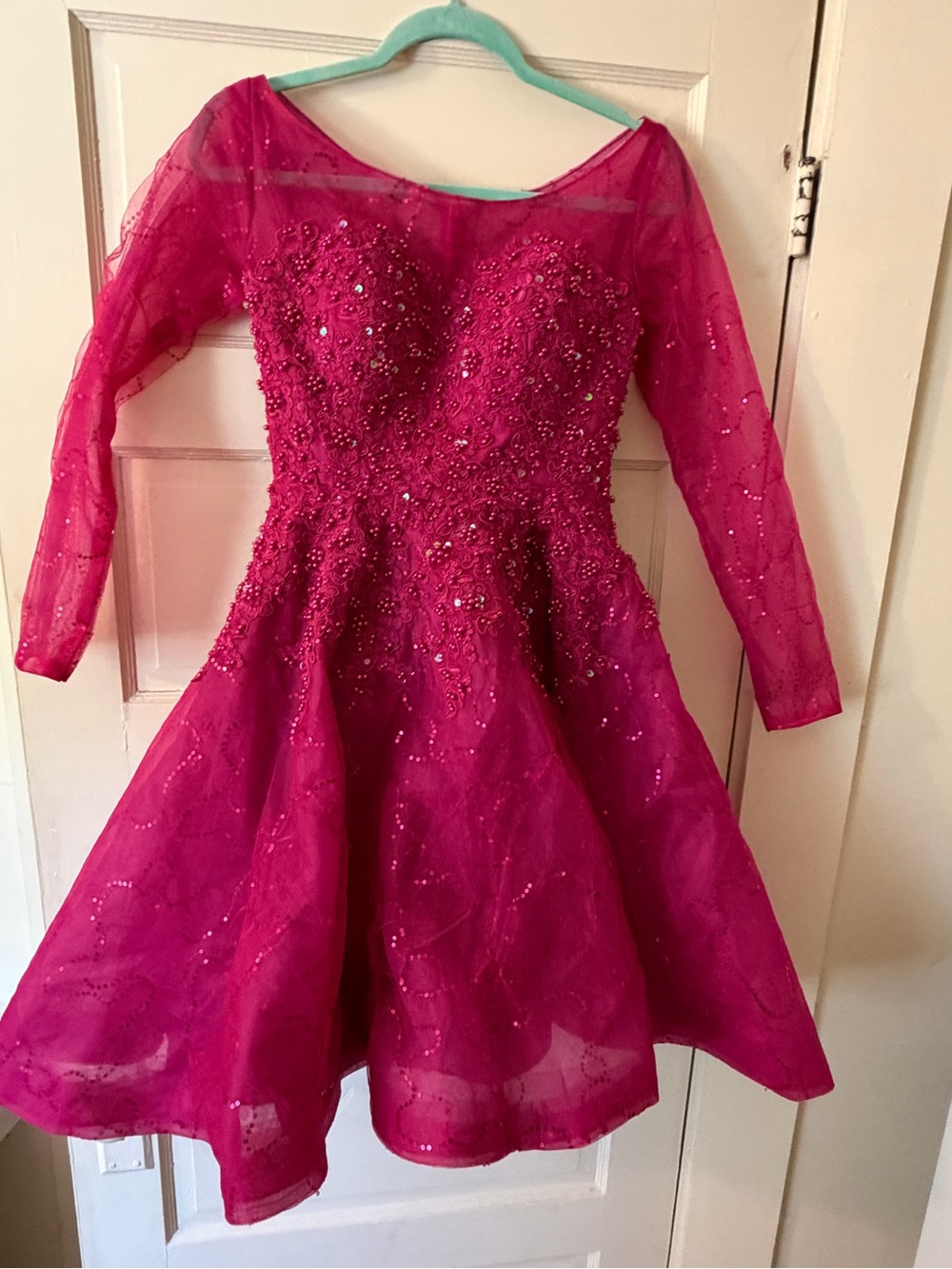 Fuchsia Sequin Party Dress with Illusion Sleeves
